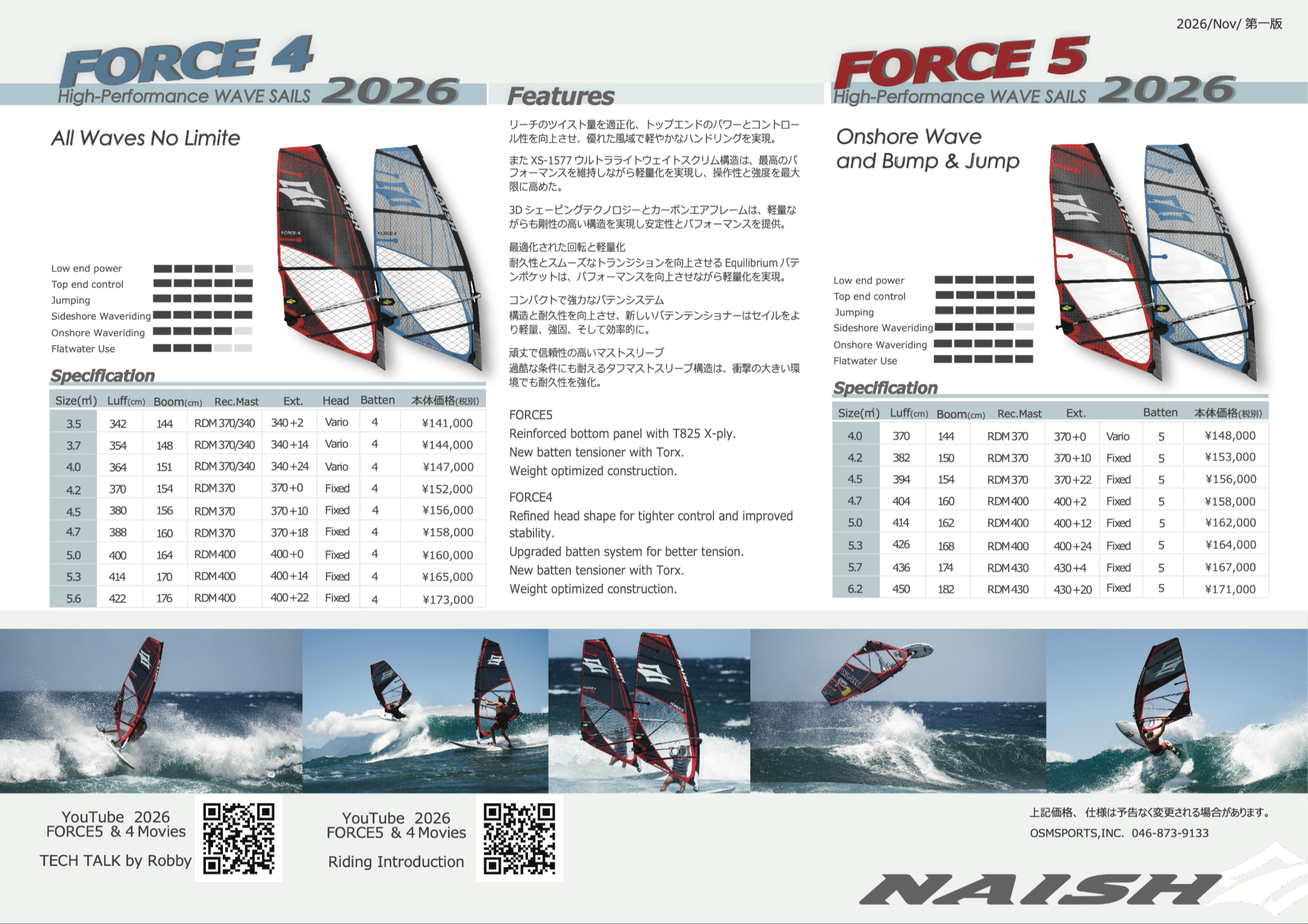 2026 NAISH FORCE 4（ナッシュ フォースフォー）ウインドサーフィンセイル 公式スペックカタログ紙面